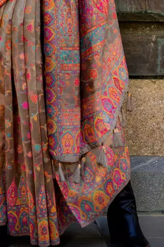 brown brown ethnic motifs woven design organza banarasi saree