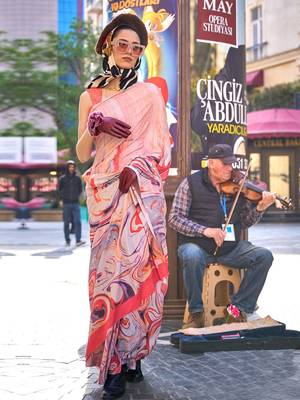 Peach peach-coloured purple abstract printed poly crepe saree 1