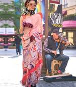 Peach peach-coloured purple abstract printed poly crepe saree
