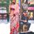 Peach peach-coloured purple abstract printed poly crepe saree