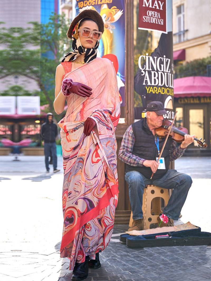 Peach peach-coloured purple abstract printed poly crepe saree