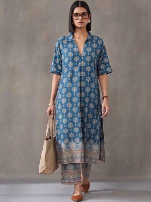 women ethnic motifs printed regular cotton kurta with trousers 1