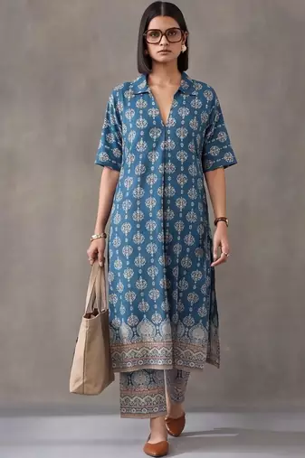 women ethnic motifs printed regular cotton kurta with trousers