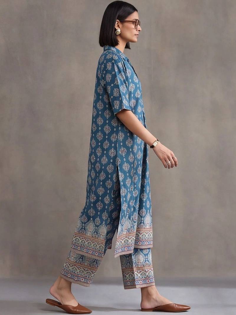 women ethnic motifs printed regular cotton kurta with trousers
