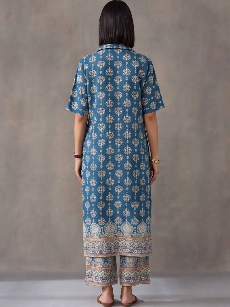women ethnic motifs printed regular cotton kurta with trousers