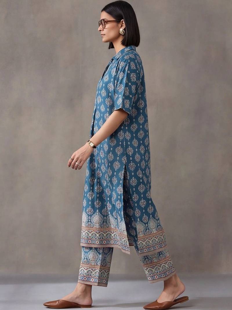 women ethnic motifs printed regular cotton kurta with trousers