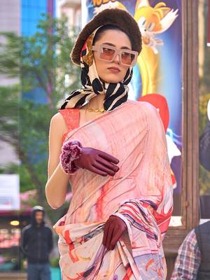 Peach peach-coloured purple abstract printed poly crepe saree 4