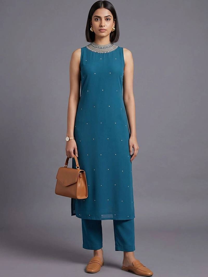 women regular beads and stones kurta with trousers