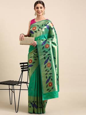 sea_green woven design zari silk blend paithani saree 1