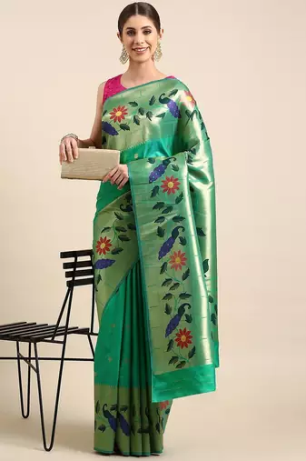 sea_green woven design zari silk blend paithani saree