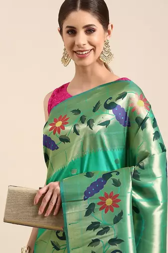 sea_green woven design zari silk blend paithani saree