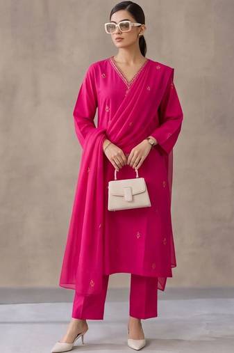 women ethnic motifs embroidered regular thread work cotton kurta with trousers & with dupatta