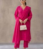 women ethnic motifs embroidered regular thread work cotton kurta with trousers & with dupatta