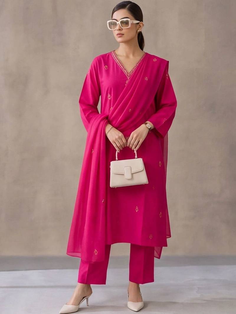 women ethnic motifs embroidered regular thread work cotton kurta with trousers & with dupatta