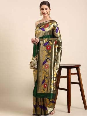 green woven design zari silk blend paithani saree 1