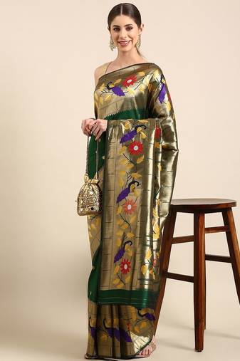 green woven design zari silk blend paithani saree