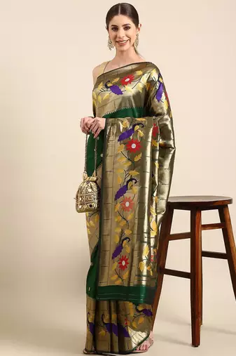 green woven design zari silk blend paithani saree