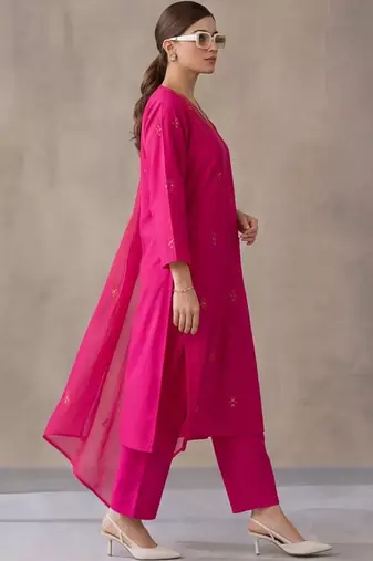 women ethnic motifs embroidered regular thread work cotton kurta with trousers & with dupatta