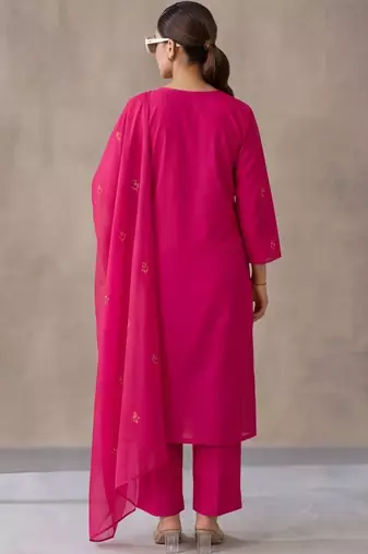 women ethnic motifs embroidered regular thread work cotton kurta with trousers & with dupatta