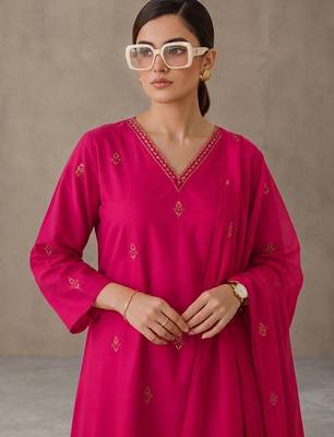 women ethnic motifs embroidered regular thread work cotton kurta with trousers & with dupatta 5