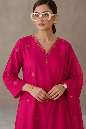 women ethnic motifs embroidered regular thread work cotton kurta with trousers & with dupatta