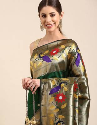 green woven design zari silk blend paithani saree 2