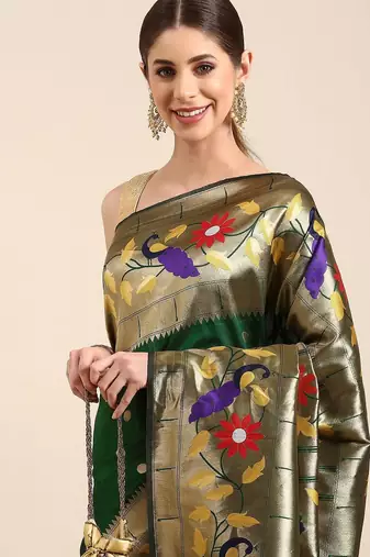 green woven design zari silk blend paithani saree