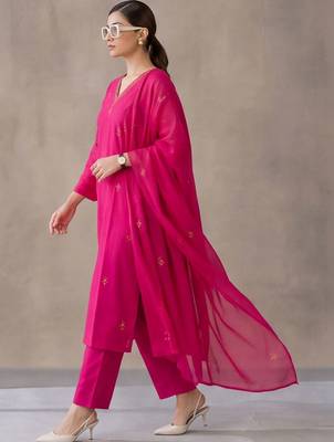 women ethnic motifs embroidered regular thread work cotton kurta with trousers & with dupatta 6