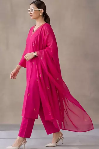 women ethnic motifs embroidered regular thread work cotton kurta with trousers & with dupatta