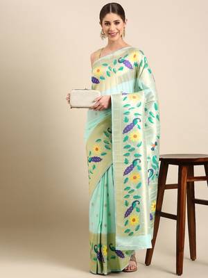 blue woven design zari silk blend paithani saree 1