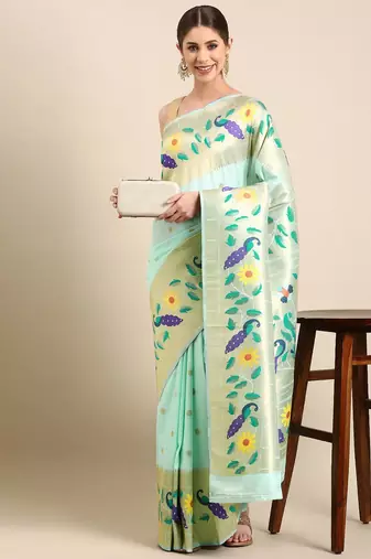 blue woven design zari silk blend paithani saree