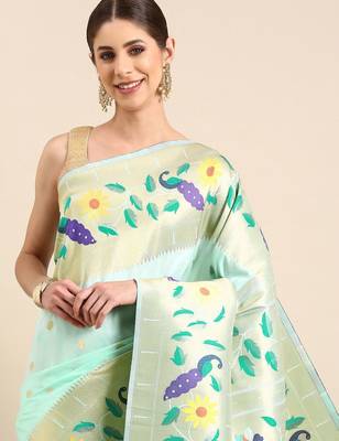 blue woven design zari silk blend paithani saree 2