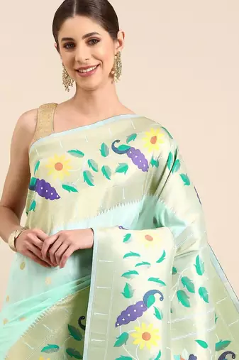 blue woven design zari silk blend paithani saree