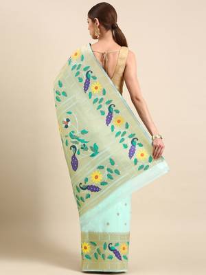 blue woven design zari silk blend paithani saree 3