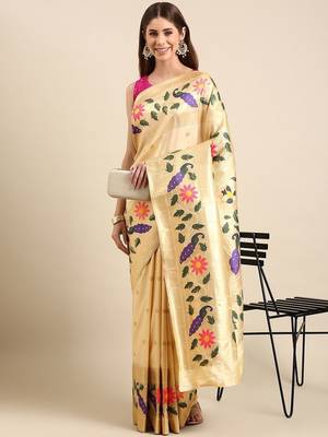 white woven design zari silk blend paithani saree 1