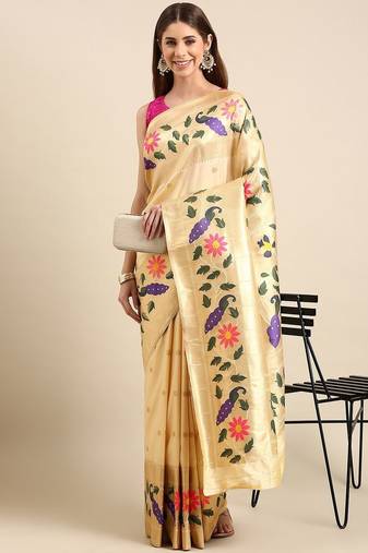 white woven design zari silk blend paithani saree