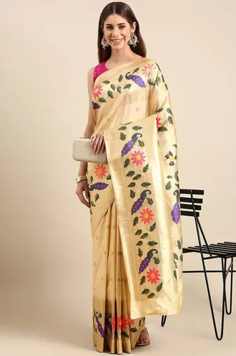 white woven design zari silk blend paithani saree