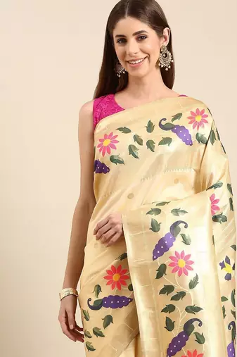white woven design zari silk blend paithani saree