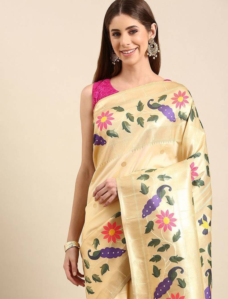 white woven design zari silk blend paithani saree