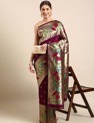 Maroon woven design zari silk blend paithani saree 1