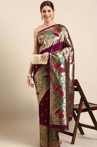 Maroon woven design zari silk blend paithani saree