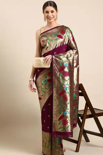 Maroon woven design zari silk blend paithani saree