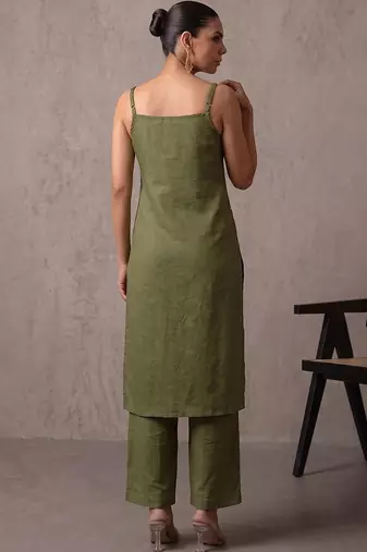 women ethnic motifs embroidered regular mirror work kurta with trousers