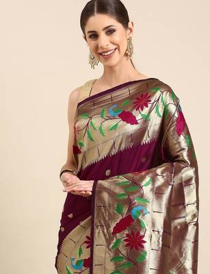 Maroon woven design zari silk blend paithani saree 2