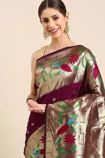 Maroon woven design zari silk blend paithani saree