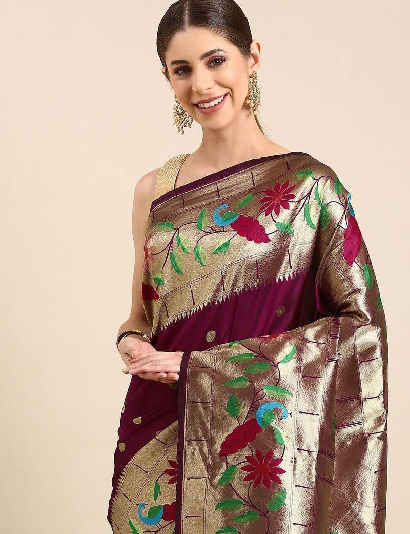 Maroon woven design zari silk blend paithani saree