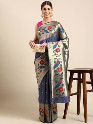 Navy blue floral zari silk blend paithani saree 1