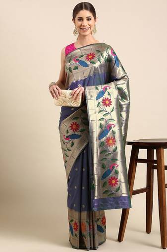 Navy blue floral zari silk blend paithani saree