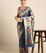 Navy blue floral zari silk blend paithani saree