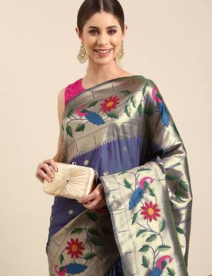 Navy blue floral zari silk blend paithani saree 2